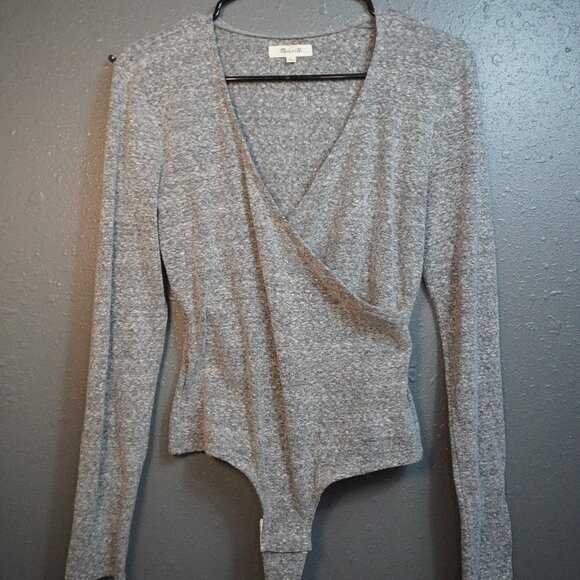 Madewell Women Heather Grey Wrap Thong V Neck Long Sleeve Bodysuit Size Medium - Picture 2 of 9